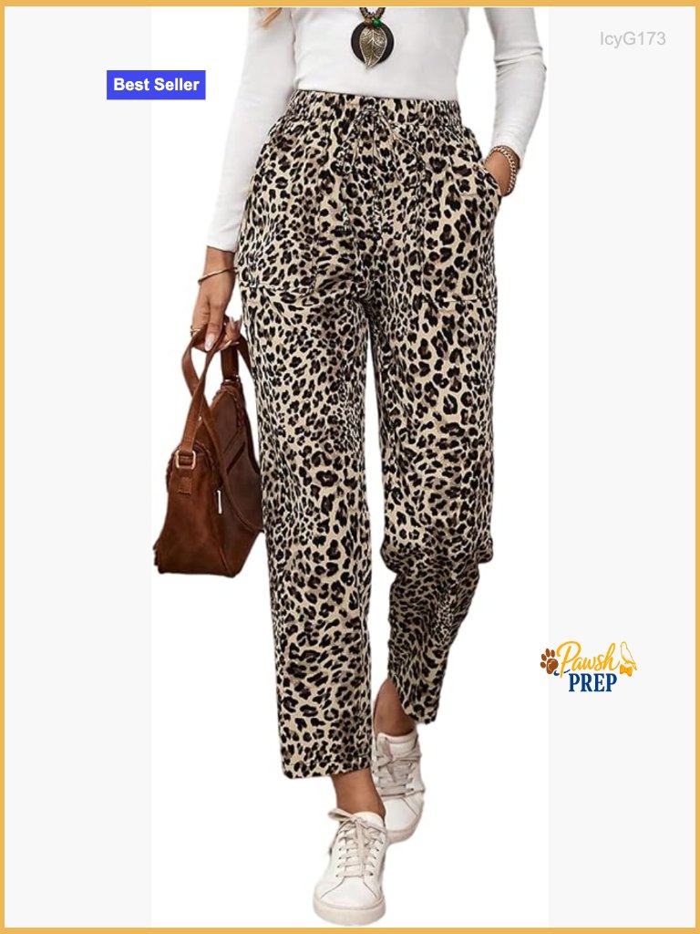 Women's Leopard Print Tie Front Elastic Waist Straight Leg Pants With Pockets